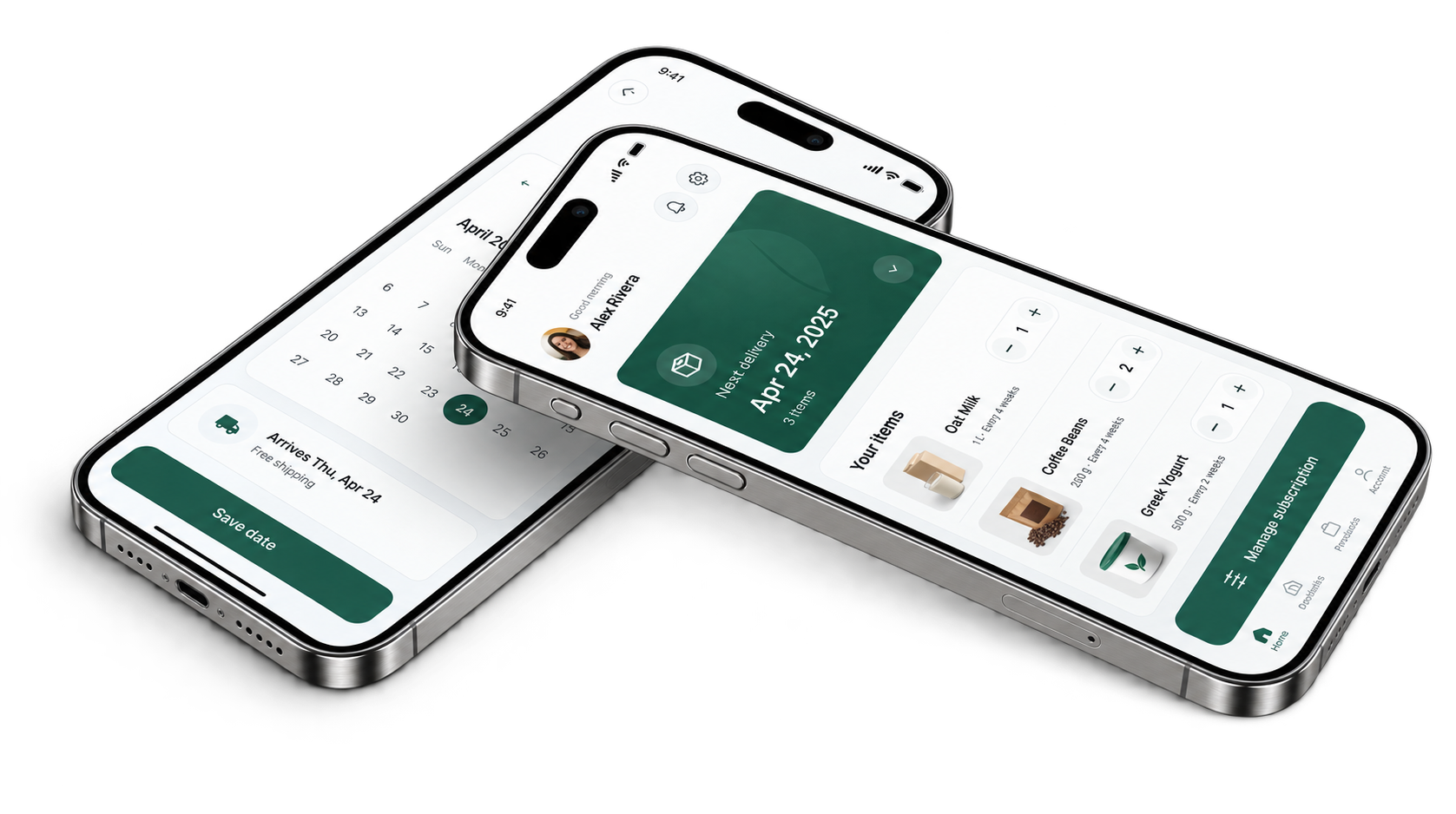 EverSubs customer portal on two phones showing next delivery and date picker